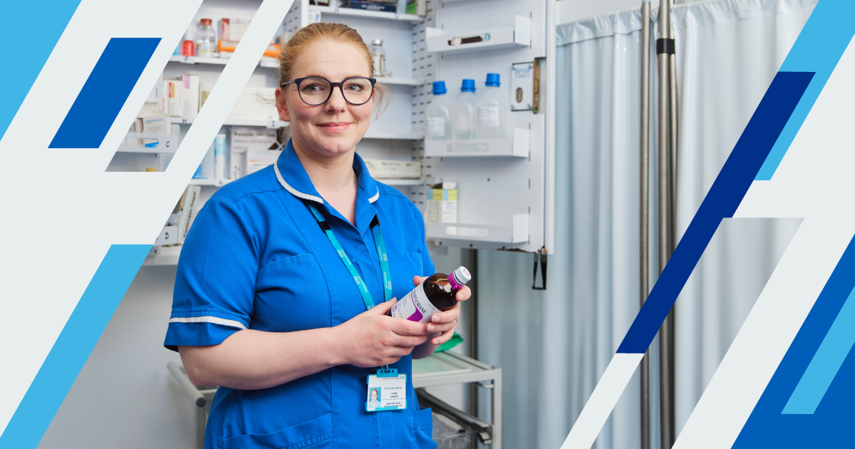 A branded image showing a female clinician holding medication.