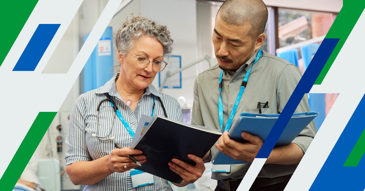 A branded image showing two clinicians both holding documents and reading.