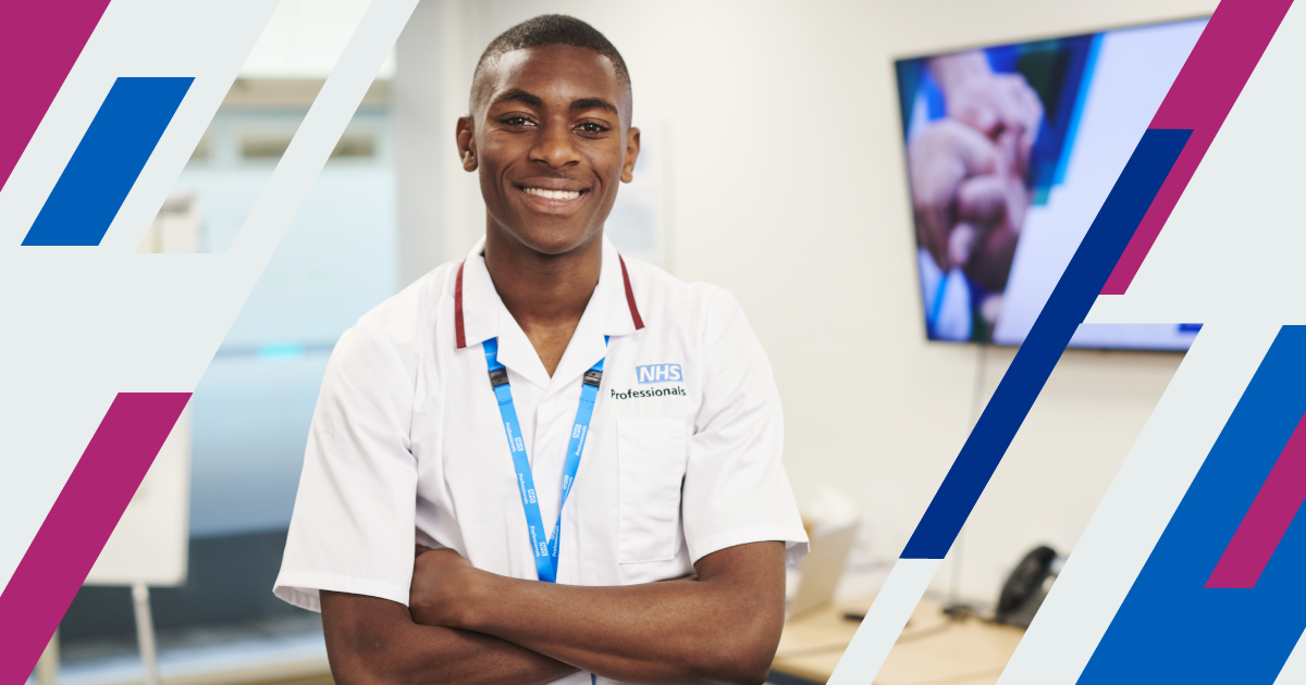 A branded image showing a male clinician smiling with folder arms.